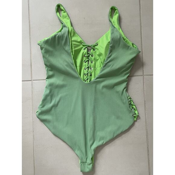 Coastal Waves Swim One Piece Swimsuit Ribbed Lace Up Swimwear - Picture 7 of 12